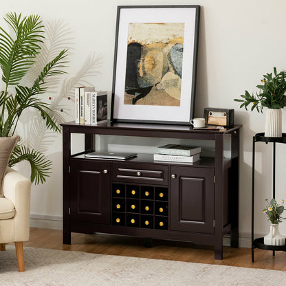 Freestanding Wine Buffet Cabinet with 12 Bottle Rack Storage Drawer and Side Cupboards - Brown