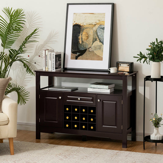 Freestanding Wine Buffet Cabinet with 12 Bottle Rack Storage Drawer and Side Cupboards - Brown