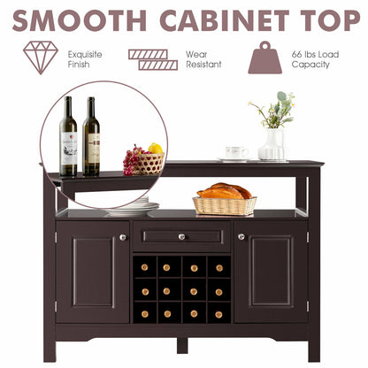 Freestanding Wine Buffet Cabinet with 12 Bottle Rack Storage Drawer and Side Cupboards - Brown