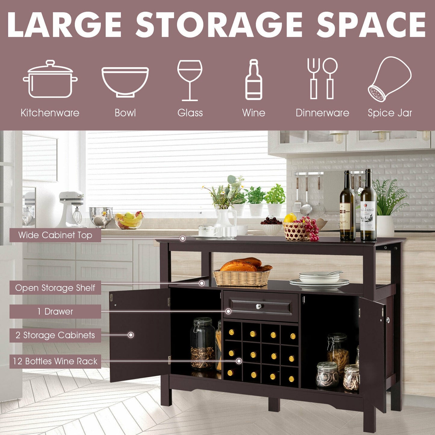 Freestanding Wine Buffet Cabinet with 12 Bottle Rack Storage Drawer and Side Cupboards - Brown