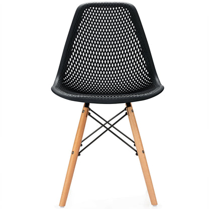 Set of 4 Modern Plastic Hollow Dining Chairs with Wooden Legs for Home and Office - Black