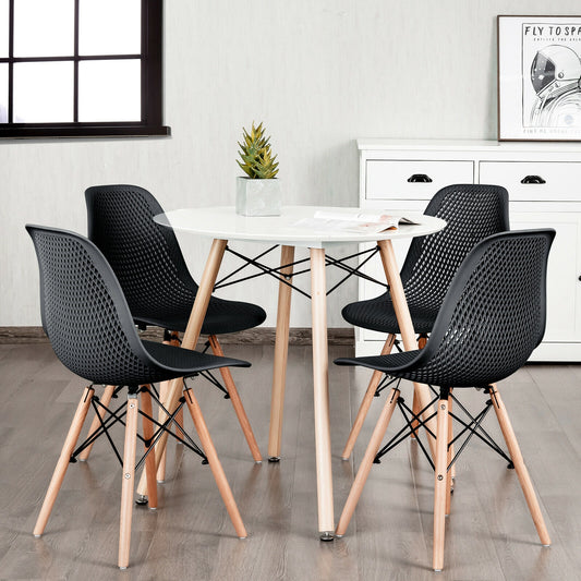 Set of 4 Modern Plastic Hollow Dining Chairs with Wooden Legs for Home and Office - Black