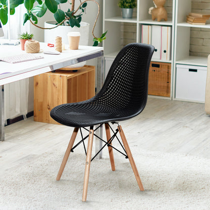 Set of 4 Modern Plastic Hollow Dining Chairs with Wooden Legs for Home and Office - Black