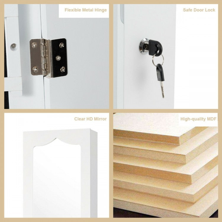 Wall Mounted Jewelry Armoire with Full Length Mirror, LED Lights, Lock and 6 Drawers – White