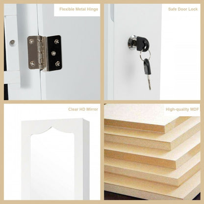 Wall Mounted Jewelry Armoire with Full Length Mirror, LED Lights, Lock and 6 Drawers – White