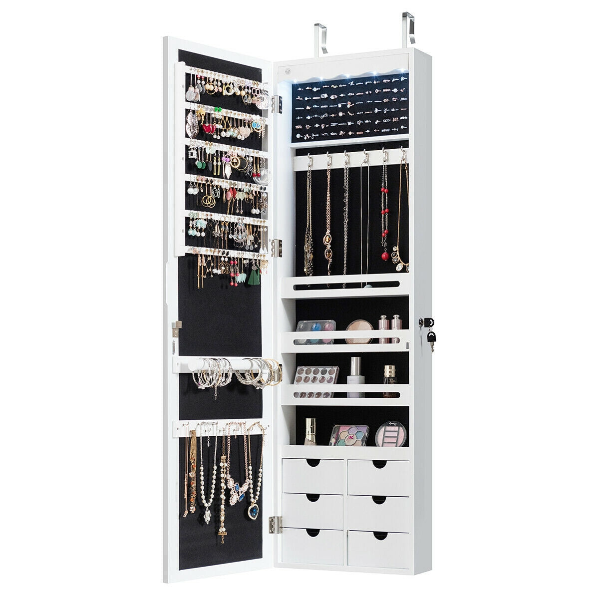 Wall Mounted Jewelry Armoire with Full Length Mirror, LED Lights, Lock and 6 Drawers – White
