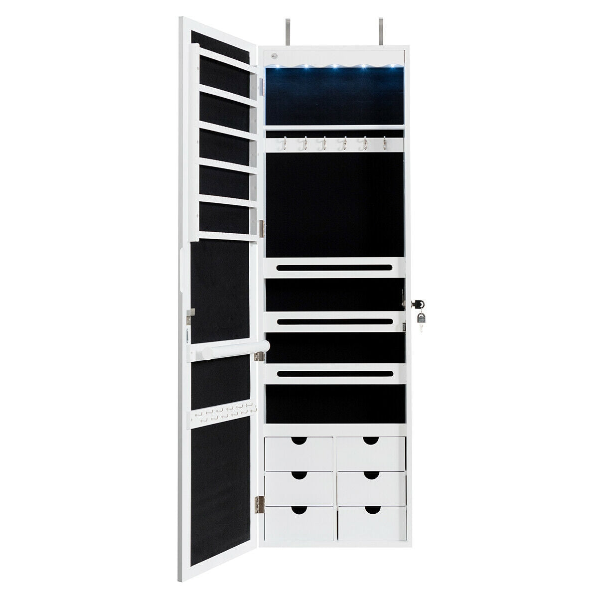 Wall Mounted Jewelry Armoire with Full Length Mirror, LED Lights, Lock and 6 Drawers – White