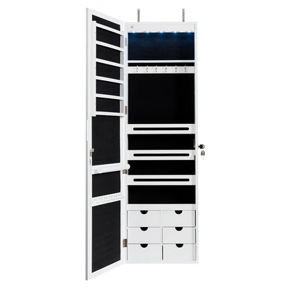 Wall Mounted Jewelry Armoire with Full Length Mirror, LED Lights, Lock and 6 Drawers – White