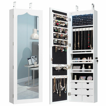 Wall Mounted Jewelry Armoire with Full Length Mirror, LED Lights, Lock and 6 Drawers – White