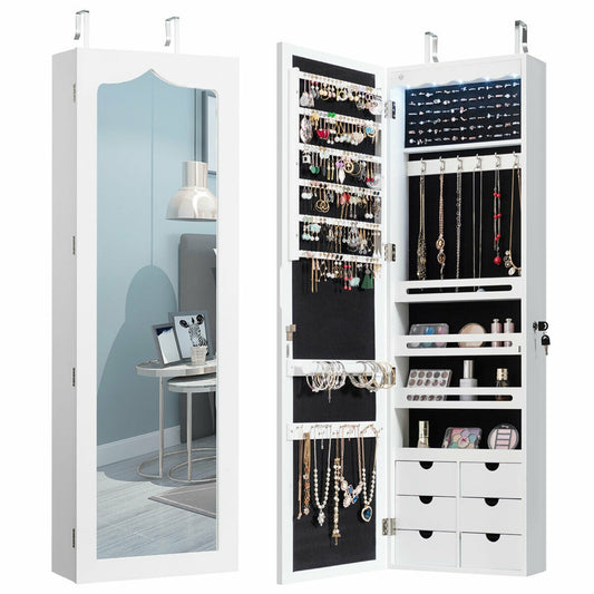 Wall Mounted Jewelry Armoire with Full Length Mirror, LED Lights, Lock and 6 Drawers – White