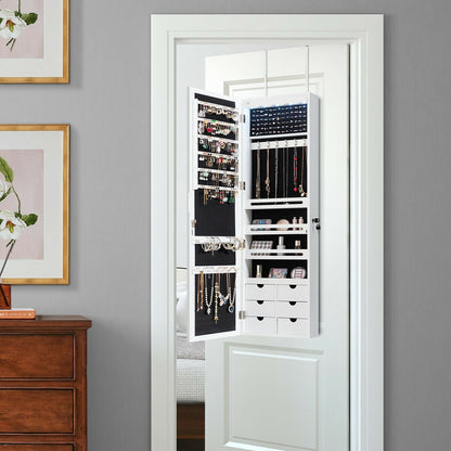 Wall Mounted Jewelry Armoire with Full Length Mirror, LED Lights, Lock and 6 Drawers – White