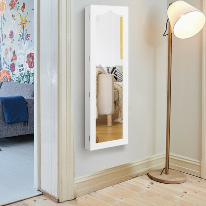 Wall Mounted Jewelry Armoire with Full Length Mirror, LED Lights, Lock and 6 Drawers – White