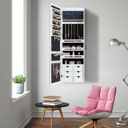 Wall Mounted Jewelry Armoire with Full Length Mirror, LED Lights, Lock and 6 Drawers – White