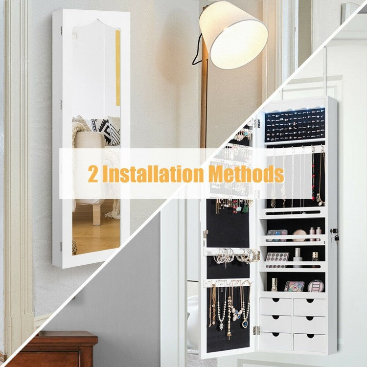 Wall Mounted Jewelry Armoire with Full Length Mirror, LED Lights, Lock and 6 Drawers – White