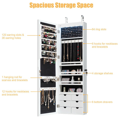 Wall Mounted Jewelry Armoire with Full Length Mirror, LED Lights, Lock and 6 Drawers – White