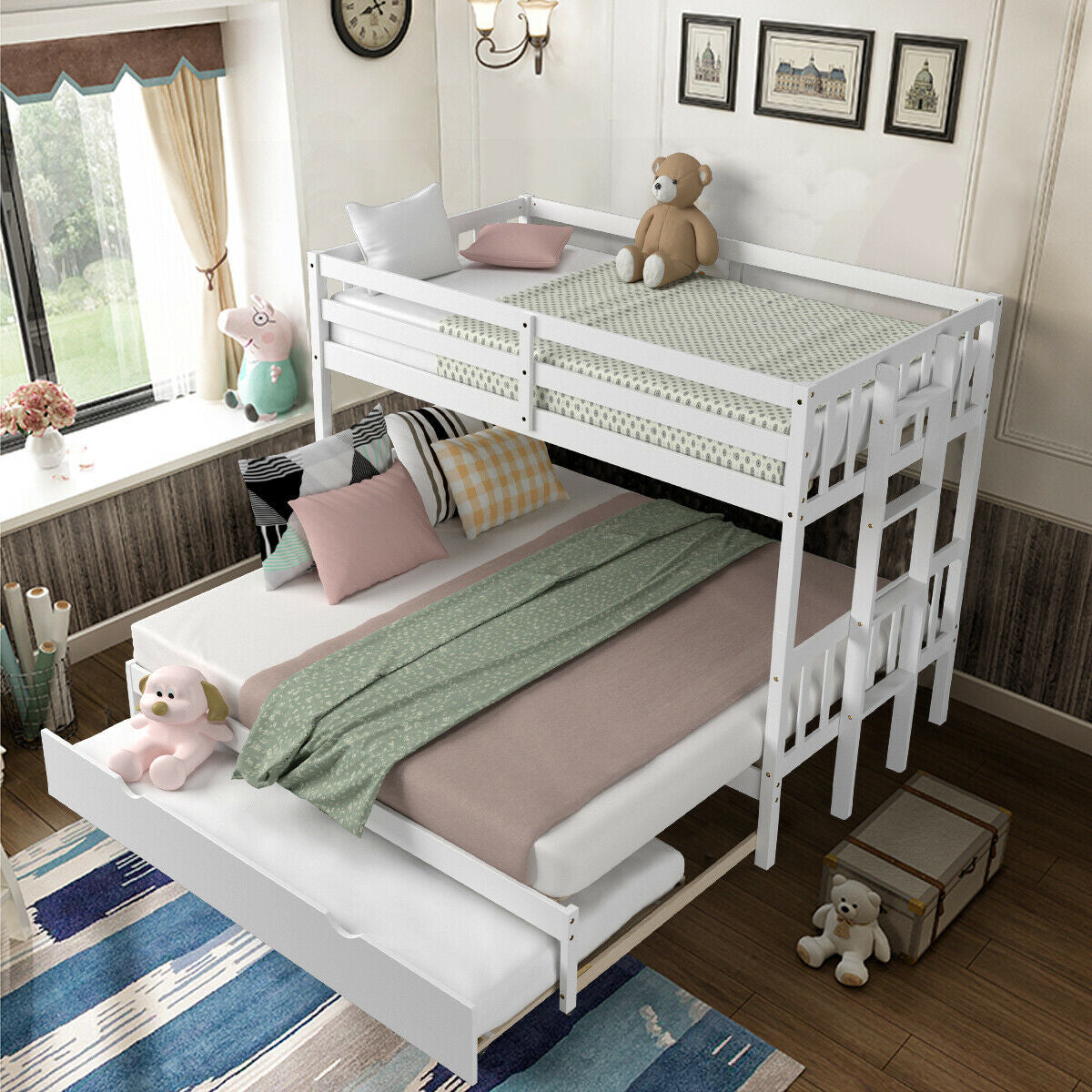 Twin Bunk Bed with Pull-Out Trundle and Wooden Ladder – White