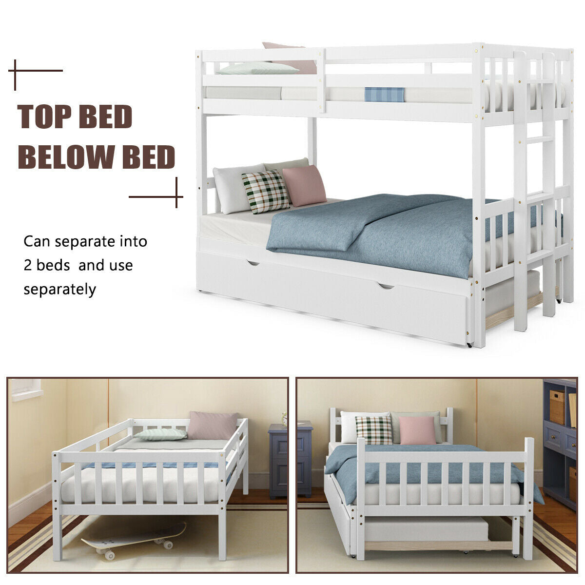 Twin Bunk Bed with Pull-Out Trundle and Wooden Ladder – White