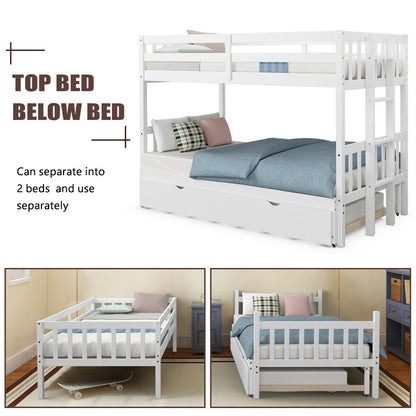Twin Bunk Bed with Pull-Out Trundle and Wooden Ladder – White