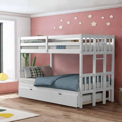Twin Bunk Bed with Pull-Out Trundle and Wooden Ladder – White