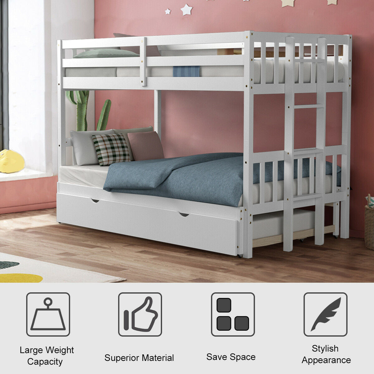 Twin Bunk Bed with Pull-Out Trundle and Wooden Ladder – White