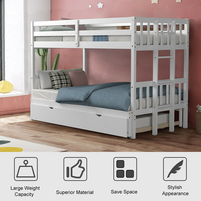 Twin Bunk Bed with Pull-Out Trundle and Wooden Ladder – White