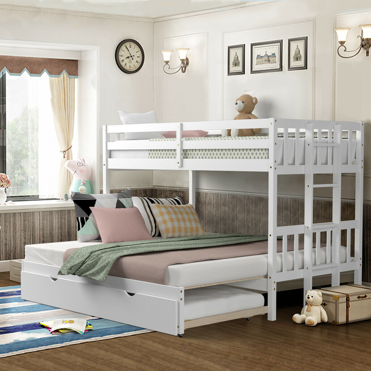 Twin Bunk Bed with Pull-Out Trundle and Wooden Ladder – White