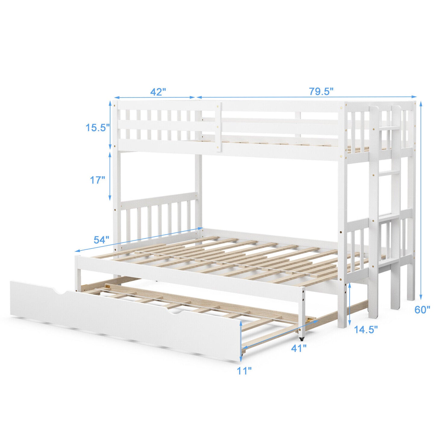 Twin Bunk Bed with Pull-Out Trundle and Wooden Ladder – White