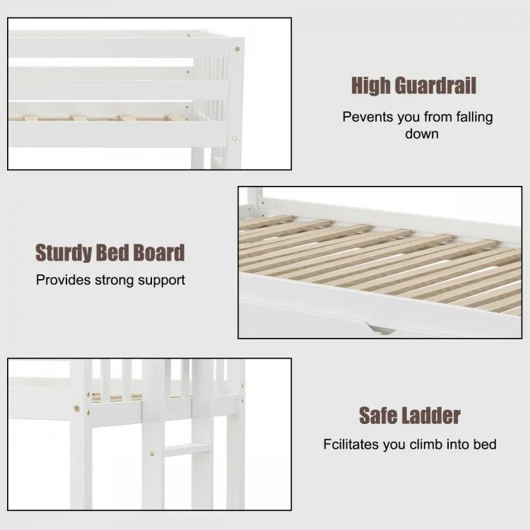 Twin Bunk Bed with Pull-Out Trundle and Wooden Ladder – White