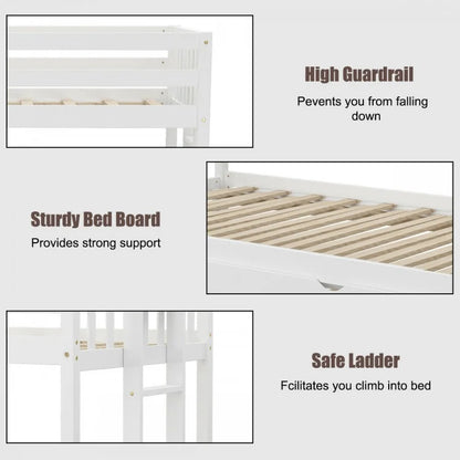 Twin Bunk Bed with Pull-Out Trundle and Wooden Ladder – White