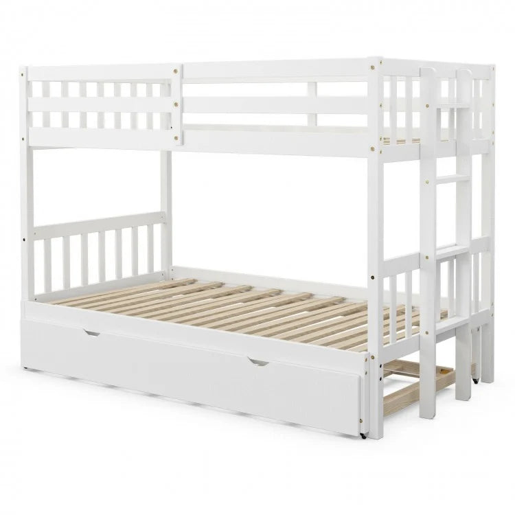 Twin Bunk Bed with Pull-Out Trundle and Wooden Ladder – White