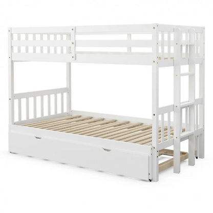 Twin Bunk Bed with Pull-Out Trundle and Wooden Ladder – White