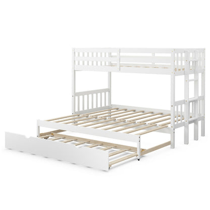 Twin Bunk Bed with Pull-Out Trundle and Wooden Ladder – White