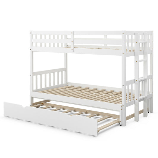 Twin Bunk Bed with Pull-Out Trundle and Wooden Ladder – White