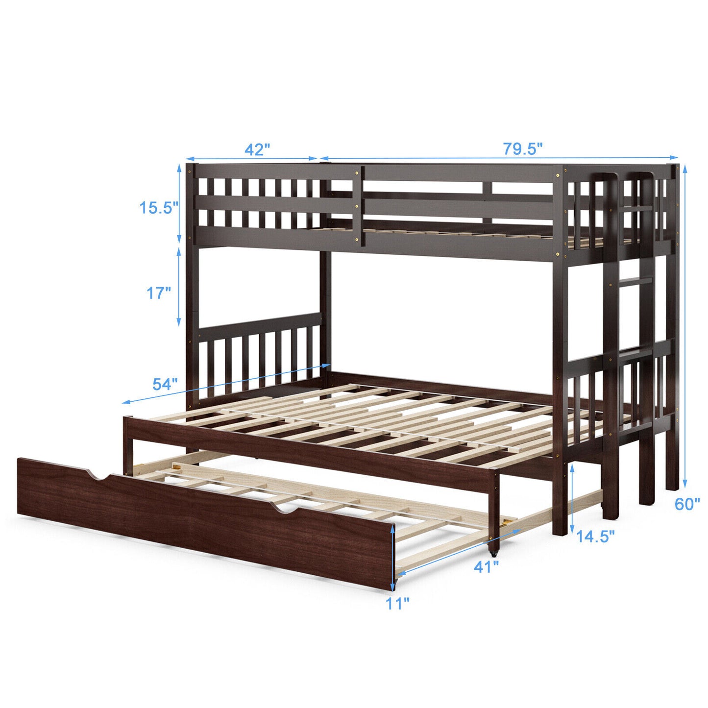 Twin Bunk Bed with Pull-Out Trundle and Wooden Ladder – Dark Brown