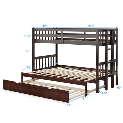 Twin Bunk Bed with Pull-Out Trundle and Wooden Ladder – Dark Brown