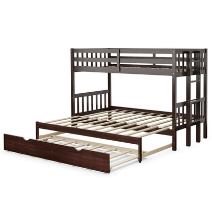Twin Bunk Bed with Pull-Out Trundle and Wooden Ladder – Dark Brown