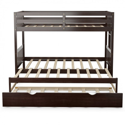 Twin Bunk Bed with Pull-Out Trundle and Wooden Ladder – Dark Brown
