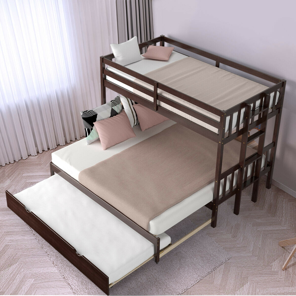 Twin Bunk Bed with Pull-Out Trundle and Wooden Ladder – Dark Brown