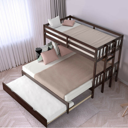 Twin Bunk Bed with Pull-Out Trundle and Wooden Ladder – Dark Brown