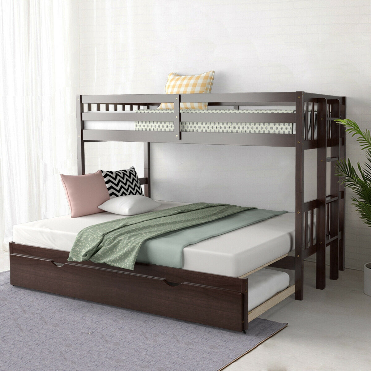 Twin Bunk Bed with Pull-Out Trundle and Wooden Ladder – Dark Brown
