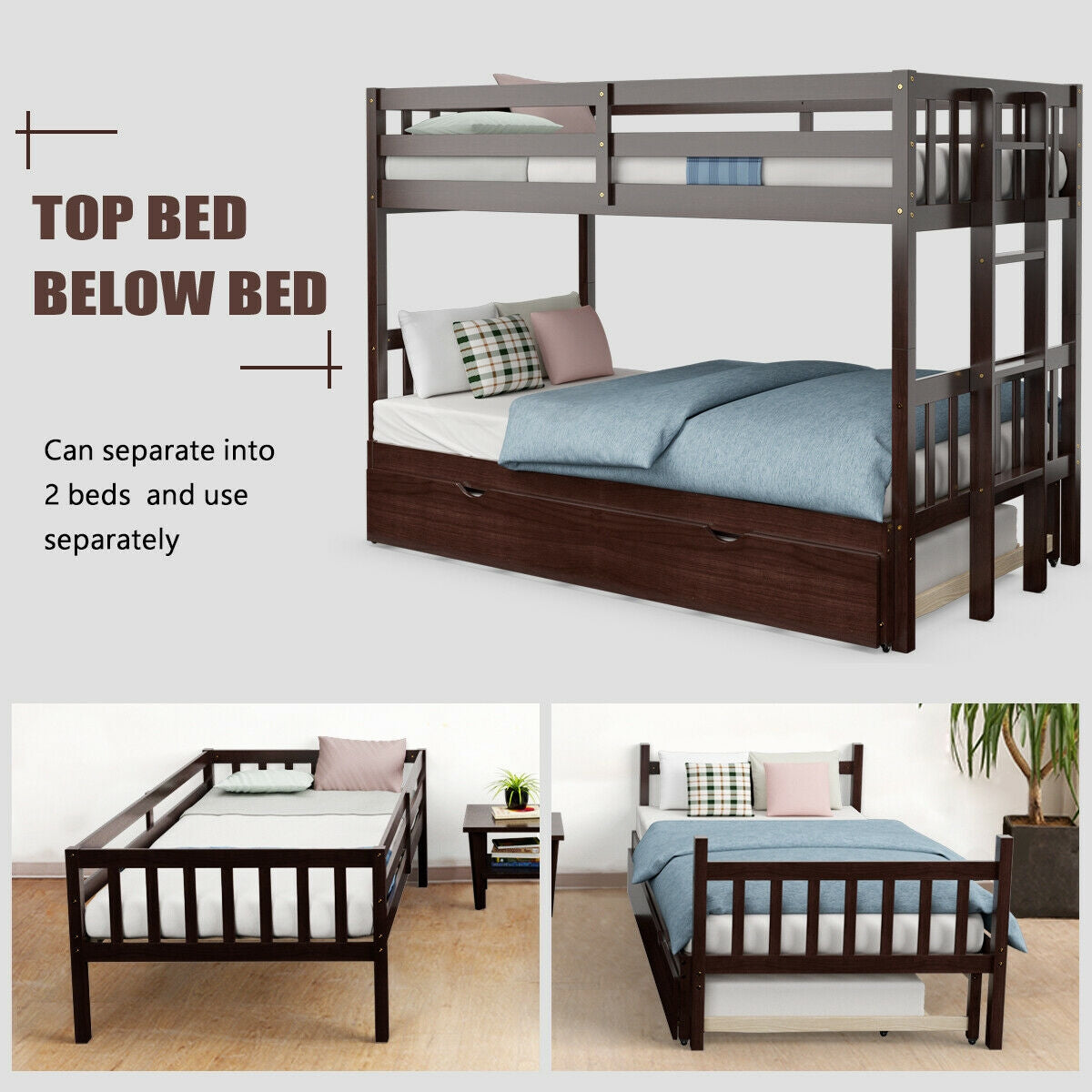 Twin Bunk Bed with Pull-Out Trundle and Wooden Ladder – Dark Brown
