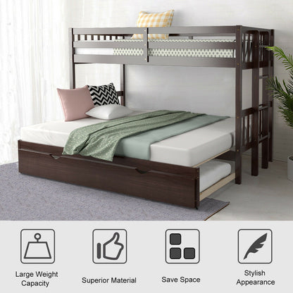 Twin Bunk Bed with Pull-Out Trundle and Wooden Ladder – Dark Brown