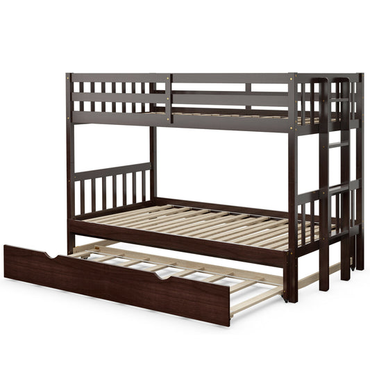 Twin Bunk Bed with Pull-Out Trundle and Wooden Ladder – Dark Brown