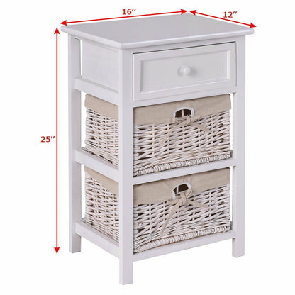 Set of 2 Three-Tier Wooden Nightstands with Drawer and Two Woven Baskets White