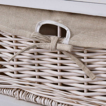 Set of 2 Three-Tier Wooden Nightstands with Drawer and Two Woven Baskets White