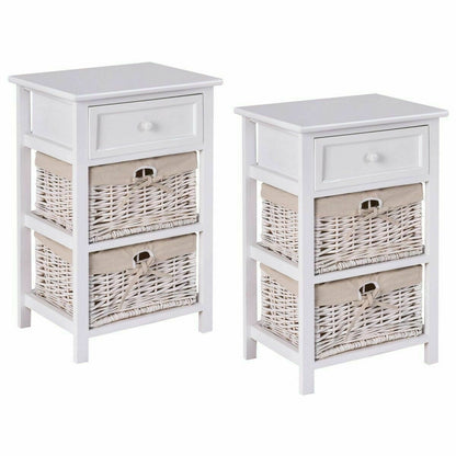Set of 2 Three-Tier Wooden Nightstands with Drawer and Two Woven Baskets White