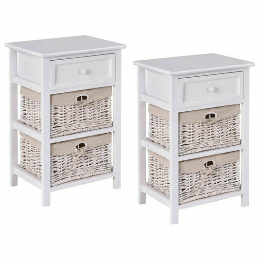 Set of 2 Three-Tier Wooden Nightstands with Drawer and Two Woven Baskets White