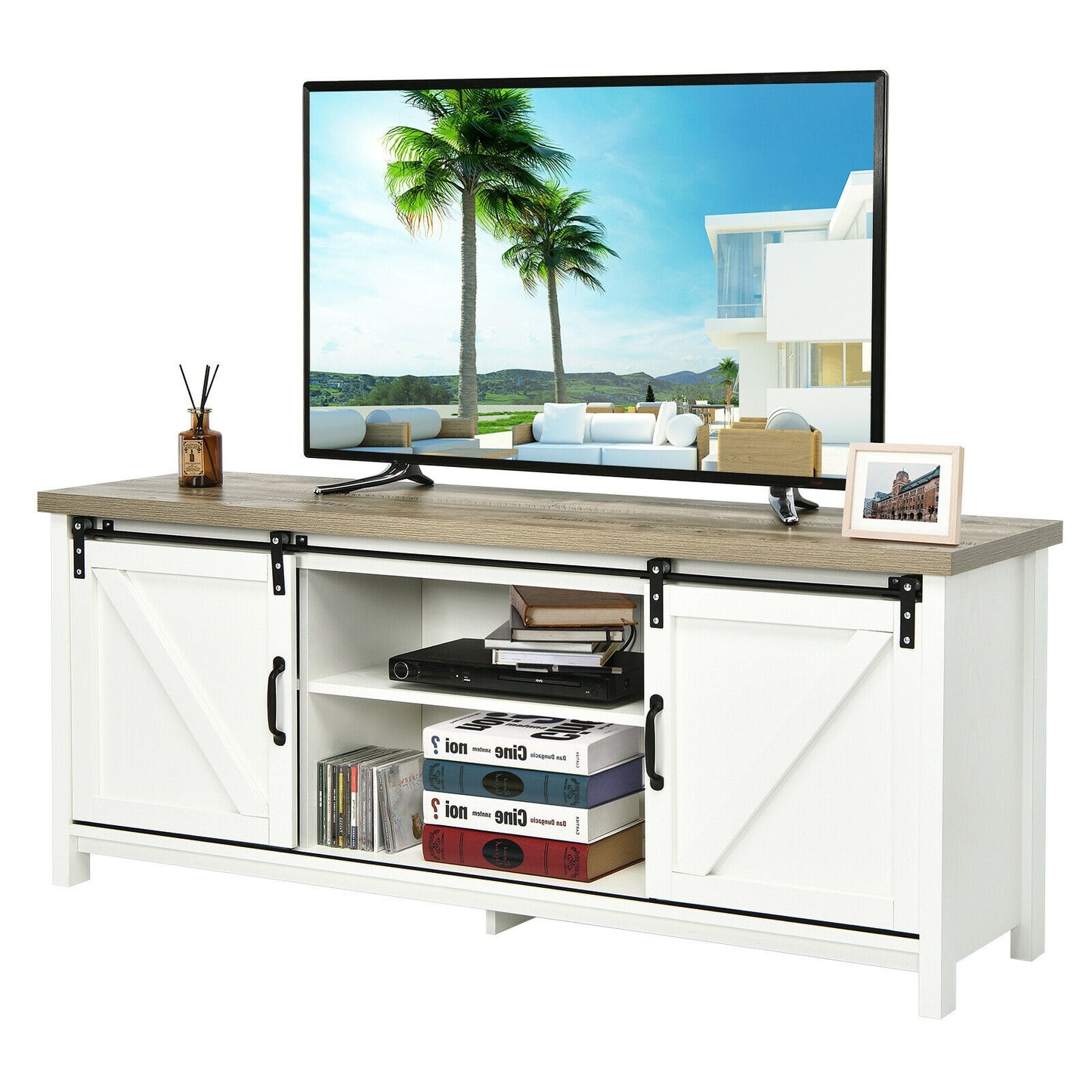 Sliding Barn Door TV Stand and Media Console Cabinet with Storage for TVs up to 65 Inches - White
