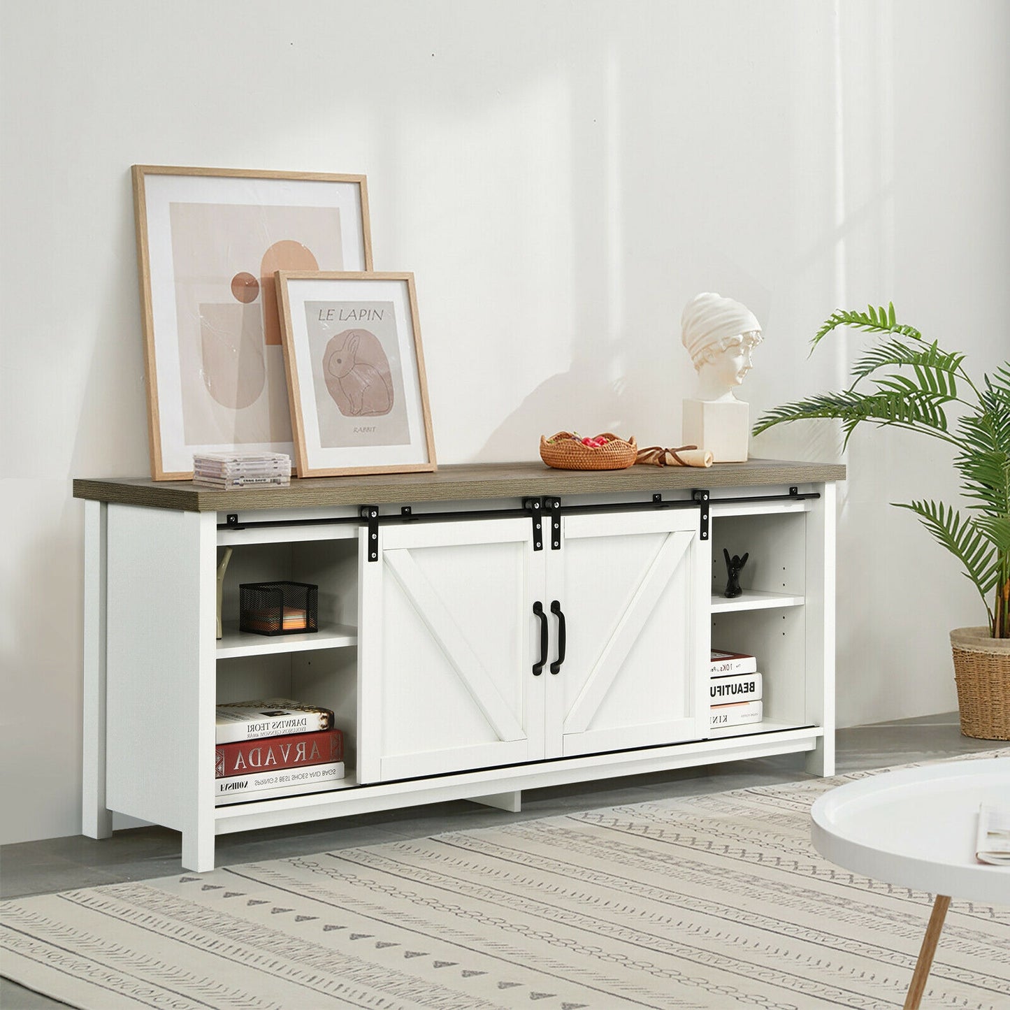 Sliding Barn Door TV Stand and Media Console Cabinet with Storage for TVs up to 65 Inches - White