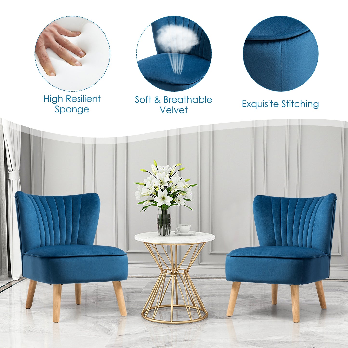 Velvet Armless Accent Chair with Natural Wood Legs - Blue